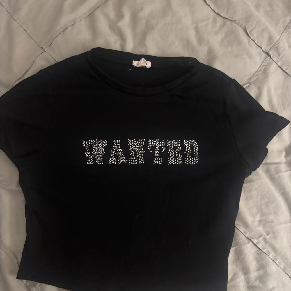 Black 'Wanted' Rhinestone baby tee